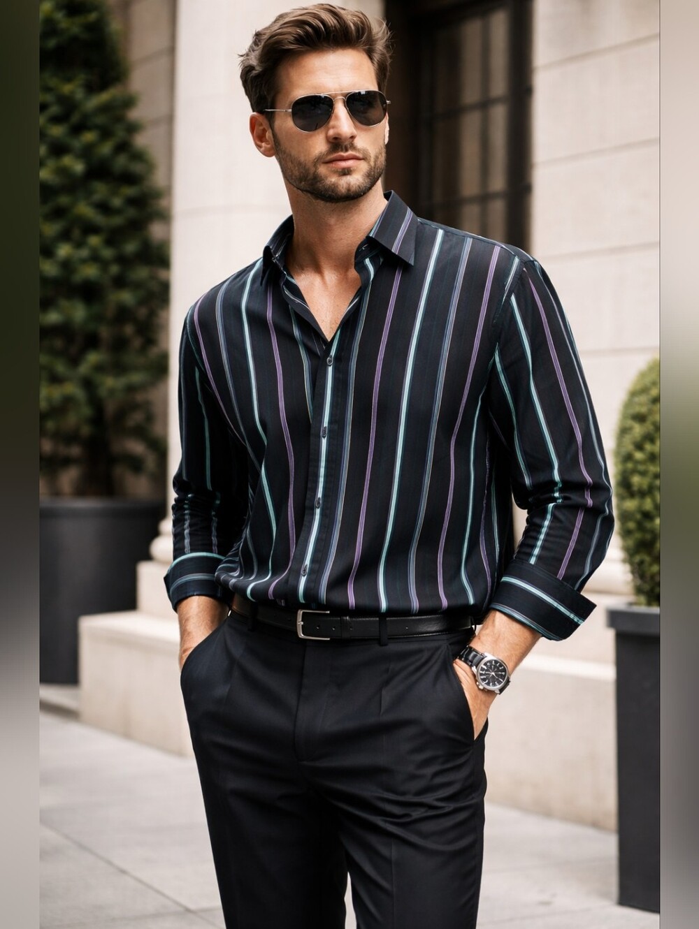 NEW Bugatchi Uomo Black Shirt Jacket with Teal and Purple Stripes